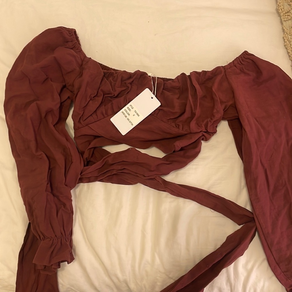 Rust colored long sleeve tie crop top